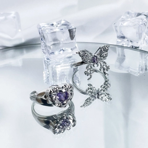 Niche Design Adjustable Open Ring Copper Purple Zirconia Heart Butterfly Sweet Cool Style Inlaid Finger Jewelry Accessory