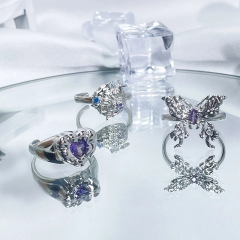 Niche Design Adjustable Open Ring Copper Purple Zirconia Heart Butterfly Sweet Cool Style Inlaid Finger Jewelry Accessory