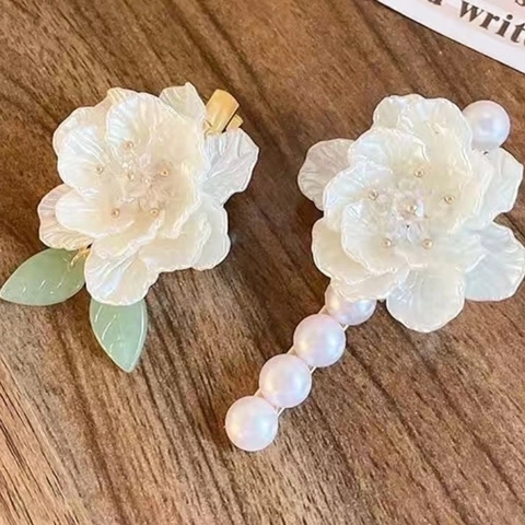 Pinzas Para El Cabello De Flor De Camelia Elegante Francés Retro Blanco Acrílico Resina Con Perlas Artificiales De Imitación Para Mujeres