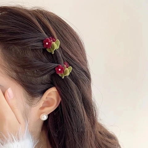 Mini Molletta Per Capelli Fiore Ciliegia Velluto Floccato Con Imitazione Perla Artificial Floreale Dolce Elegante Accessori Per Donne Ragazze