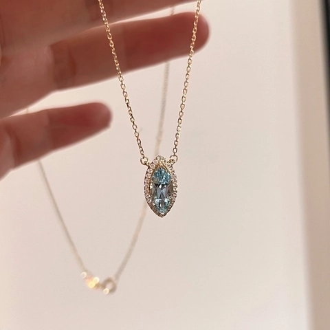 Collar Con Colgante de Circonita Azul Claro de Marquesa de Plata de Ley S925 Cadena de Clavícula Halo Bañada en Oro Joyería de Moda Retro Mujer