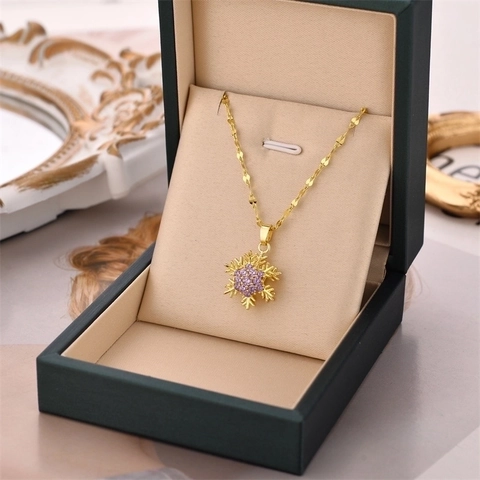 Collar Con Colgante De Copo De Nieve De Acero De Titanio Y Zirconia Charm Rotatorio Cadena De Clavícula Elegante Para Mujeres