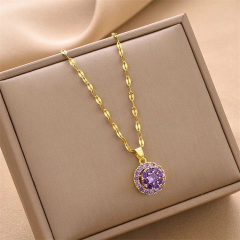Ronde Bloem Cluster Hanger Ketting Verguld Roestvrij Staal Koper Zirkoon Ingelegd Elegante Sieraden Voor Vrouwen