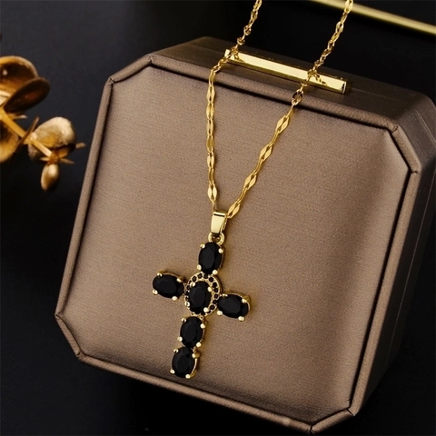 Hip Hop Titaniumstaal Kruis Hanger Halsketting Voor Mannen Vrouwen Verguld Strass Ingelegd Mode Eenvoudige Sieraden Ketting