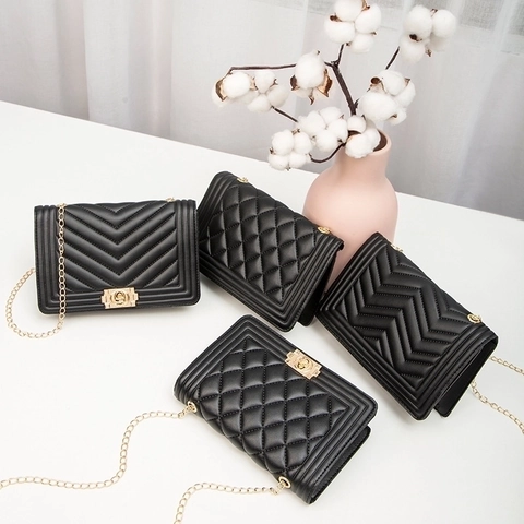 Women Crossbody Bag PU Leather Quilted Diamond Pattern Gold Chain Strap Square Lock Elegant Fashion Square Box Shape