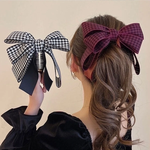 Grande Fermaglio Per Capelli A Banana Con Fiocco Per Donne Elegante Artiglio Per Capelli In Tessuto Chiffon Pied De Poule