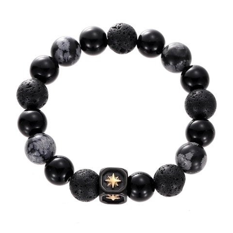 Black Agate Snowflake Obsidian Lava Stone Beaded Bracelet With Titanium Steel Star Square Charm For Men Cool Fashion