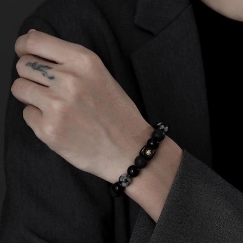 Black Agate Snowflake Obsidian Lava Stone Beaded Bracelet With Titanium Steel Star Square Charm For Men Cool Fashion