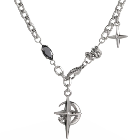 Collana in Acciaio Inossidabile Con Ciondolo Luna Stella Pietra Nera Gioielli Hip Hop Gothic Punk Streetwear Per Uomo Donna