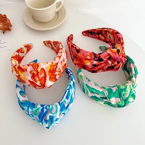 Women Printed Knotted Headband Wide Brim Fabric Hairband Bohemian Style Abstract Floral Vintage Hair Accessories