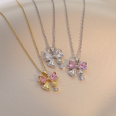 Bowtie Pendant Necklace Pink Heart Zircon Titanium Steel Korean Style Minimalist Sweet Shiny Jewelry For Women