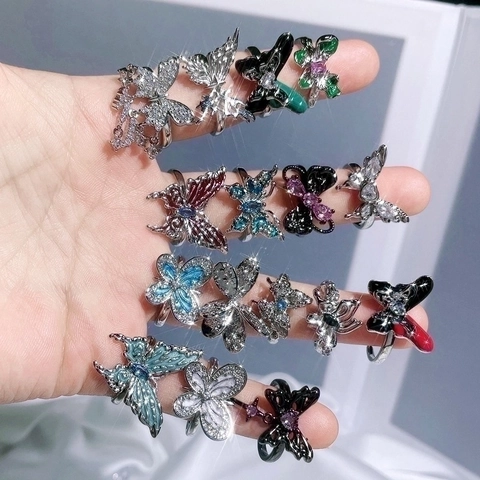 Vintage Y2K Copper Butterfly Open Ring For Women Cool Sweet Adjustable Enamel Rhinestone Glaze Inlaid Fashion Finger Jewelry Gift