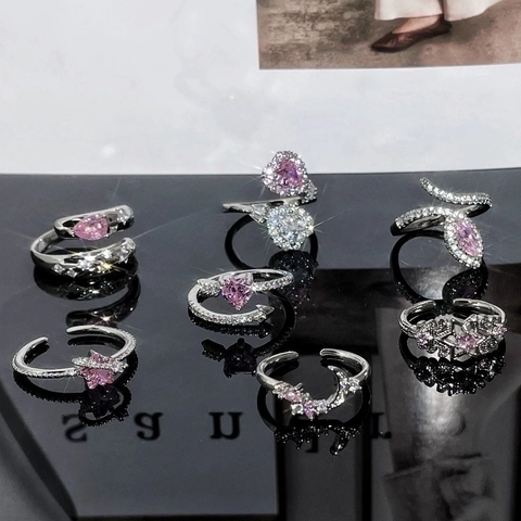 Anello Aperto Regolabile Zircone Rosa Cuore Stella Luna Serpente Forma Rame Placcato Argento Gioielli Donna