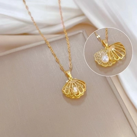 Collana Con Pendente A Conchiglia Placcato Oro Acciaio Al Titanio Con Zircone E Perla Artificial Gioielli Eleganti Da Donna