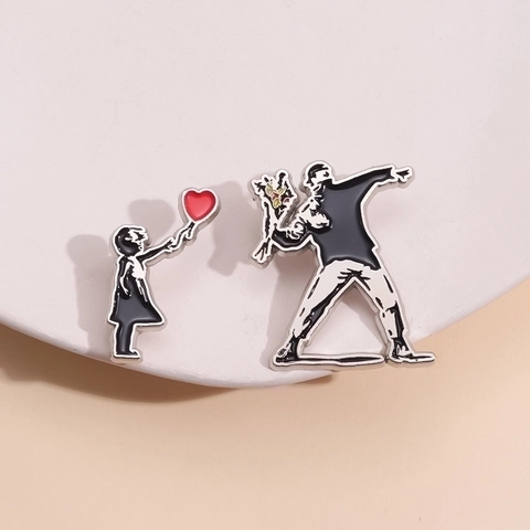 Street Art Style Emaille Brosche Pin Zinklegierung Herz Ballon Mädchen Und Blumenwerfer Abzeichen Kleidung Schmuck Unisex