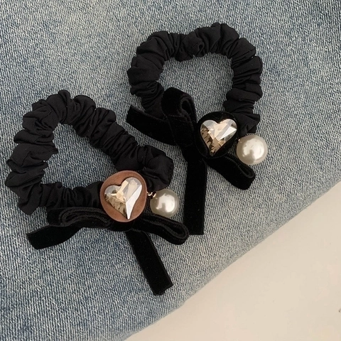 Coleteros De Terciopelo Con Corazón Elegantes Lazos Elásticos Para El Cabello Con Colgante De Perla Artificial Y Cristal Estilo Coreano