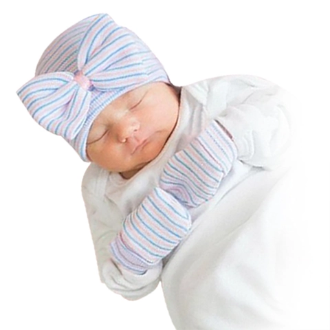 Gorro y Mitones para Recién Nacido Mezcla de Algodón de Punto Gran Lazo Rayas Infant Beanie Guantes Antiarañazos Accesorios de Hospital