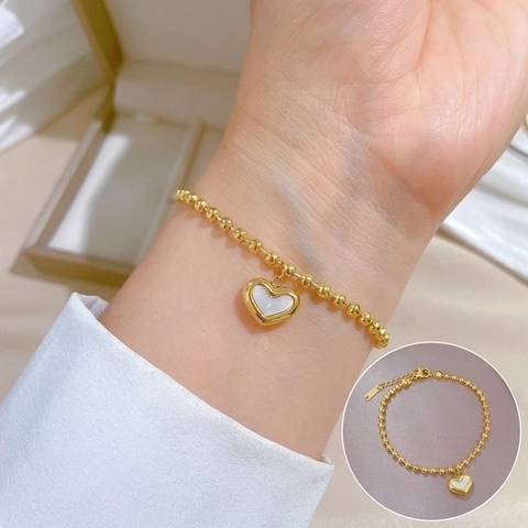 Heart Pendant Beaded Bracelet Stainless Steel Mother Of Artificial Pearl Inlay Elegant Jewelry For Women Extension Chain