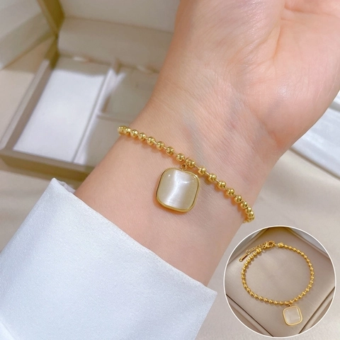 Vintage Square Cat Eye Stone Bead Chain Bracelet Titanium Steel Adjustable Elegant Jewelry For Women
