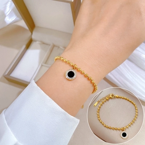 Pulsera De Cadena De Cuentas Redondas De Acero Inoxidable Colgante Circular Disco Negro Diamantes De Imitación Joyería Elegante Para Mujer