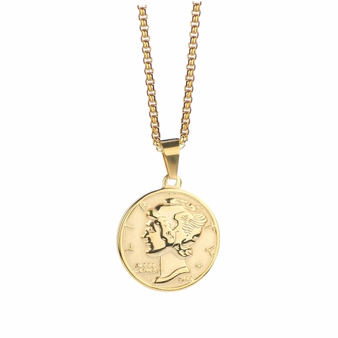 Titanium Steel Coin Necklace Vintage Relief Liberty Portrait Pendant Link Chain Retro Jewelry For Men Women Daily Wear