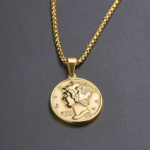 Retro Portrait Coin Pendant Necklace Titanium Steel Gold Silver Plated Liberty Hip Hop Jewelry Box Chain Sweater Necklace Unisex