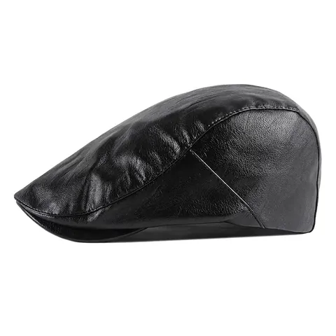 PU Leather Ivy Cap Vintage Solid Color Flat Newsboy Hat For Men Women Adjustable Gatsby Beret