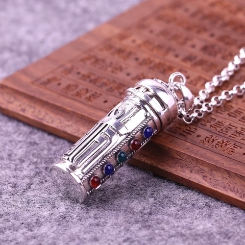 Gawu Box Pendant Necklace Retro Silver Style Copper Cylinder Mantra Carving Multicolored Stones Ethnic Religious Jewelry