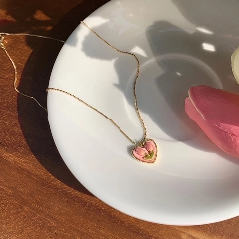 Heart Tulip Pendant Necklace Titanium Steel Gold Plated Enamel Pink Flower French Retro Sweet Style Aesthetic For Women