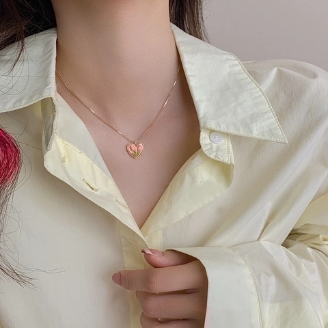 Heart Tulip Pendant Necklace Titanium Steel Gold Plated Enamel Pink Flower French Retro Sweet Style Aesthetic For Women