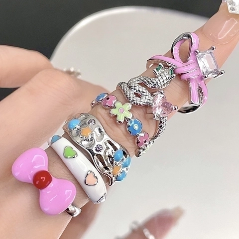 Verstellbarer Offener Ring Emaille Tropföl Bogen Schlange Herz Blume Kupfer Schmuck Für Frauen Süß Cool Ins Stil