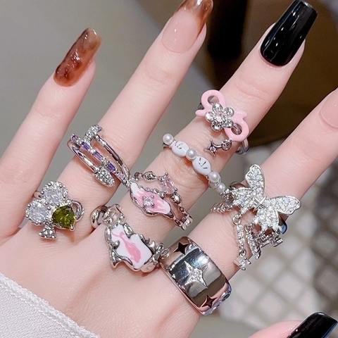 Kupfer Verstellbare Offene Ringe Für Frauen Zirkon Emaille Französisch Ins Stil Schmetterling Bogen Stern Mode Schmuck