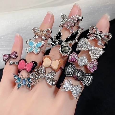 Französischer Eleganter Kupfer Schmetterling Offener Ring Für Damen Verstellbare Emaille Schleife Zirkonia Strass Luxus Schmuck Fingerring