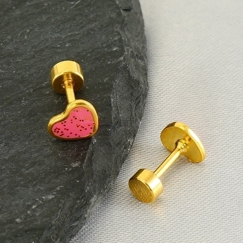 Herz-Ohrstecker 18K Vergoldet Edelstahl Emaille Schraubverschluss Sicher Flache Rückseite Glitzer Minimalistisch Frauen