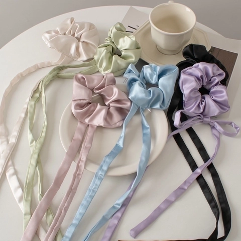 Satin Ribbon Hair Scrunchie Long Streamer Ponytail Holder Sweet Elegant Solid Color Hair Tie For Women Girls Hair Decor