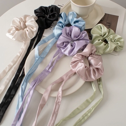 Satin Ribbon Hair Scrunchie Long Streamer Ponytail Holder Sweet Elegant Solid Color Hair Tie For Women Girls Hair Decor