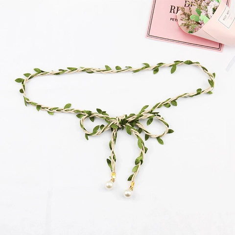 Catena In Vita Intrecciata Da Donna Con Decorazione Di Foglie Verdi E Ciondolo In Perla Artificiale Stile Bohémien Foresta