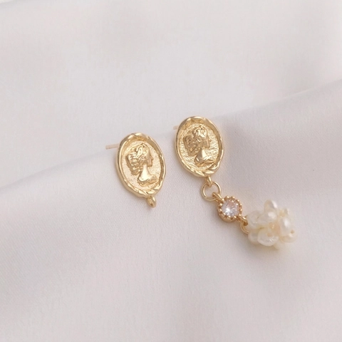 Retro Cameo Queen Avatar Earring Post Findings 14K Gold Plated Copper Oval Coin Relief With Hanging Loop DIY Jewelry