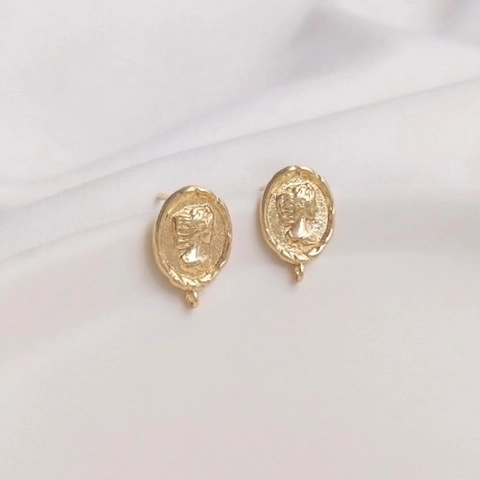 Retro Cameo Queen Avatar Earring Post Findings 14K Gold Plated Copper Oval Coin Relief With Hanging Loop DIY Jewelry