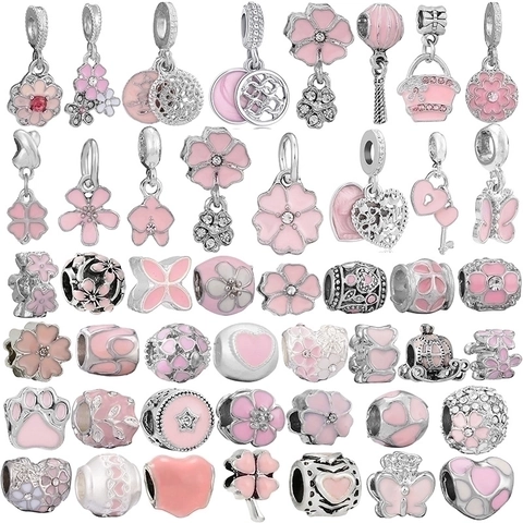 DIY Beads Pink Enamel Heart Flower Charms Alloy Metal Dangle Pendants Jewelry Making Accessories Women Bracelets