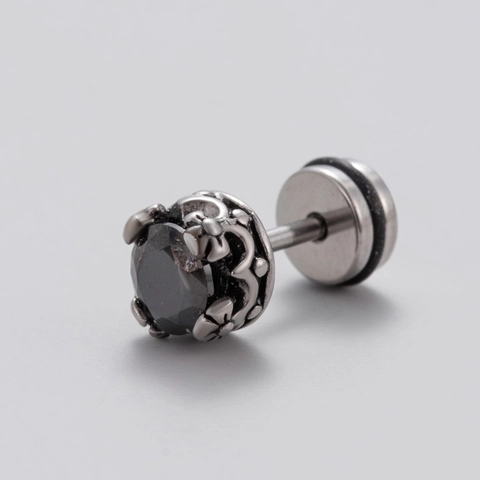 Men Stainless Steel Stud Earrings Black Round Zircon Vintage Gothic Punk Style Screw Back Piercing Jewelry Retro Personalized