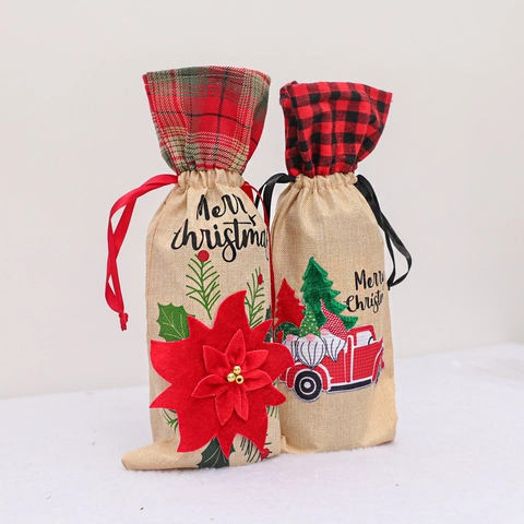 Christmas Wine Bottle Cover Burlap Drawstring Bag Holiday Dinner Party Decoration Plaid Poinsettia Red Truck Design