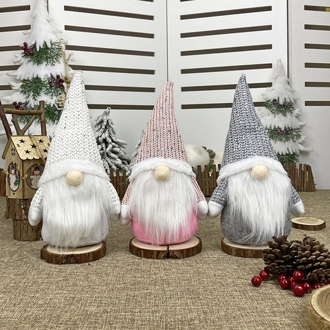 Christmas Gnome Plush Doll Sequin Knitted Hat Faceless Nordic Style Home Desktop Decor Handmade White Faux Fur Beard