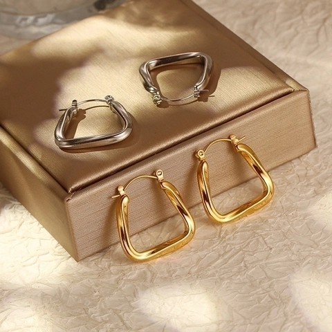 Twist Geometric Hoop Earrings Stainless Steel Minimalist Chunky Rectangle Square Dainty Vintage Gold Silver Jewelry Women