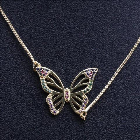 Exquisite Butterfly Pendant Necklace Gold Plated Copper With Multi-Colored Zircon Stones Elegant Jewelry For Women