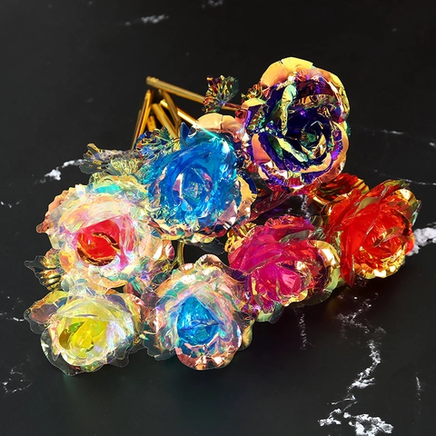 Artificial Rose Flower 24K Gold Foil Plated Polyethylene Rainbow Holographic Colorful For Valentine Birthday Home Decor