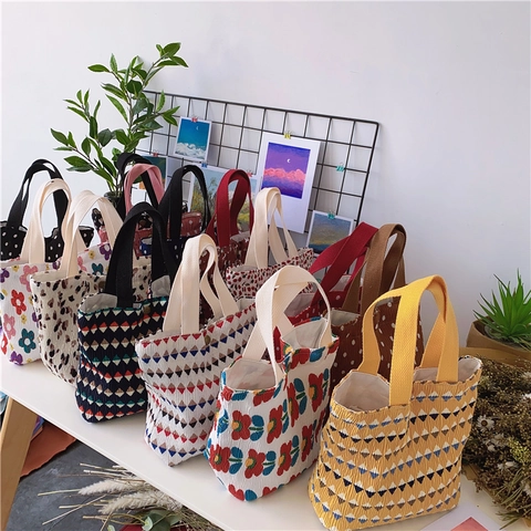 Korean Style Pleated Handbag Small Canvas Floral Polka Dot Geometric Print Cute Tote Bag With Magnetic Button For Women Casual