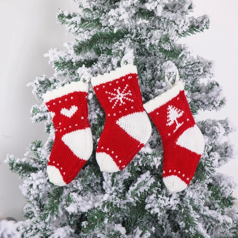 Gestrickte Weihnachtssocken Rot Weiß Schneeflocke Herz Baum Muster Feiertagsdeko Geschenkbeutel Aufhänger Weich Acryl