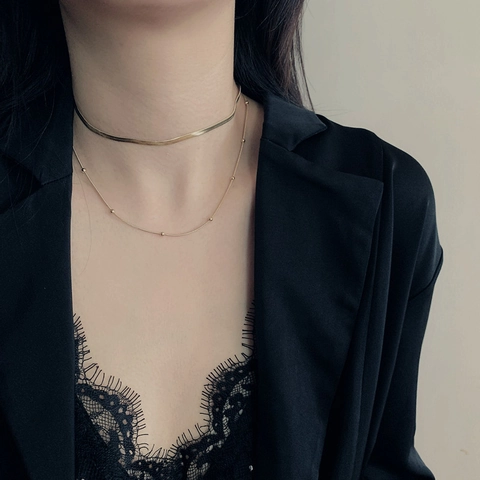 Collana Doppio Strato in Acciaio Inossidabile da Donna Catena a Lisca di Pesce Oro Pendente Chicco Tondo Gioielli di Moda