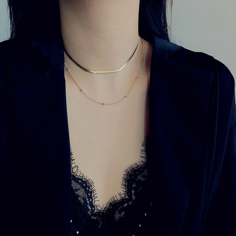 Collana Doppio Strato in Acciaio Inossidabile da Donna Catena a Lisca di Pesce Oro Pendente Chicco Tondo Gioielli di Moda